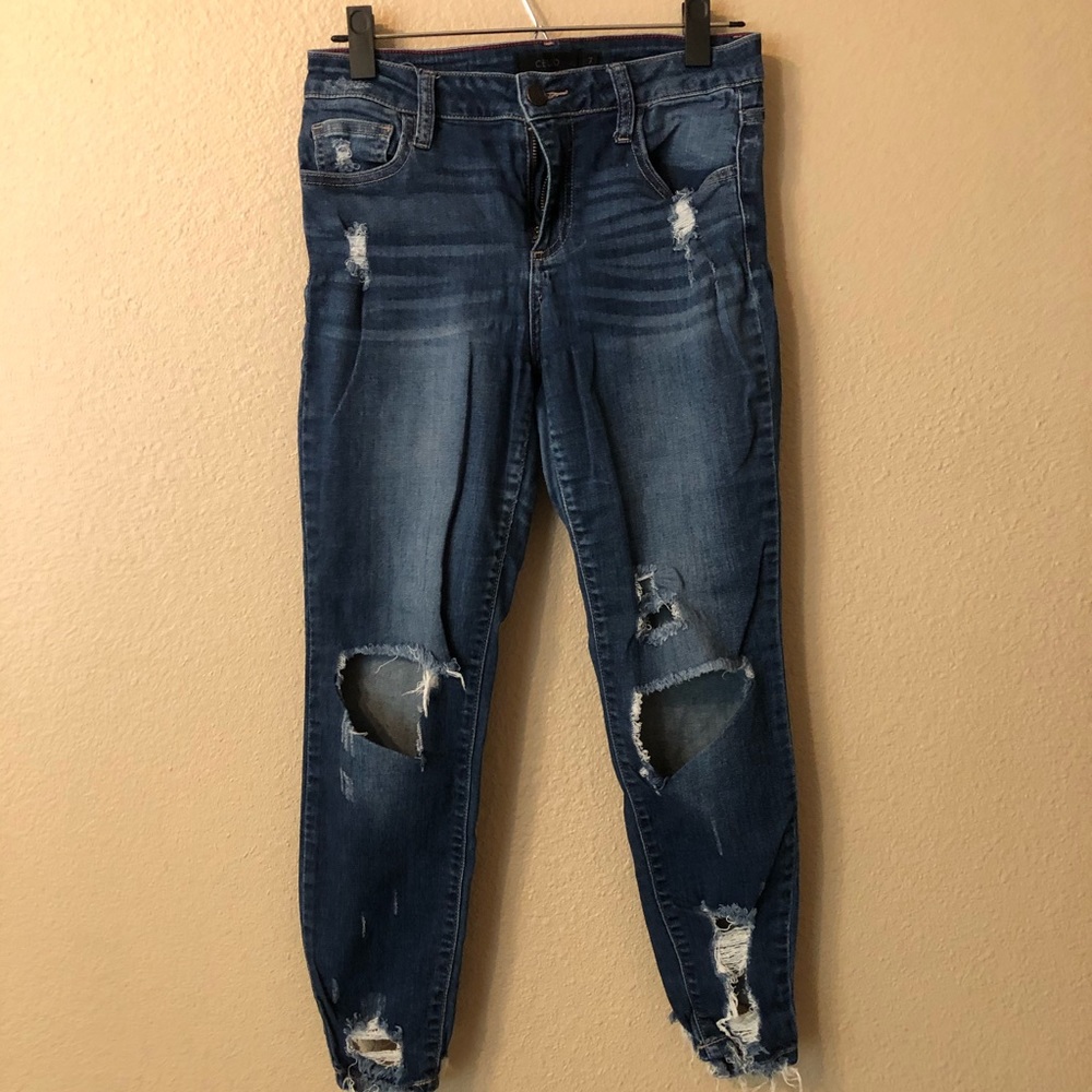 High waisted cropped distressed skinny jeans